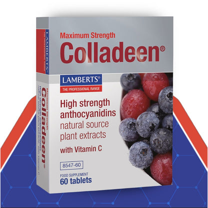Colladeen maximum strength supplement box with berries on a blue and red background