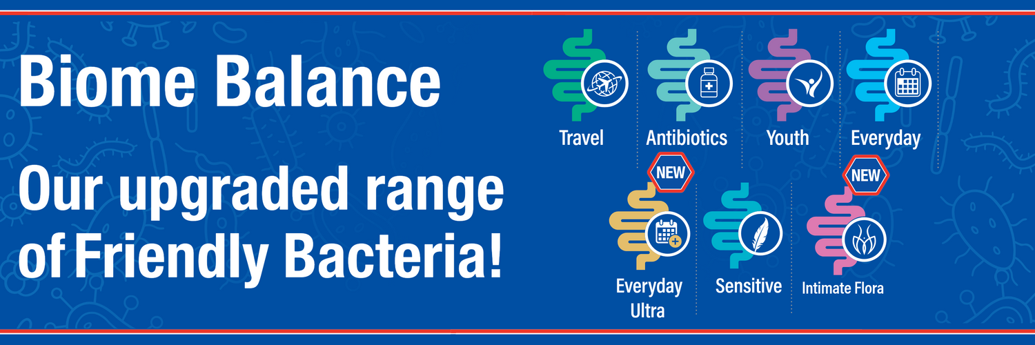 Promotional banner for 'Biome Balance' friendly bacteria products with icons and text on a blue background.
