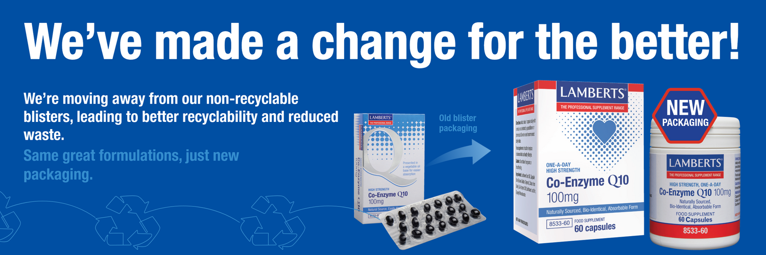 Lamberts Co-Enzyme Q10 supplement packaging with text about new packaging changes on a blue background.