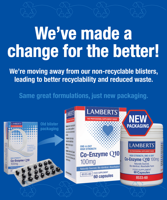 Advertisement for Lamberts Co-Enzyme Q10 supplement showing old and new packaging on a blue background with recycling symbols.
