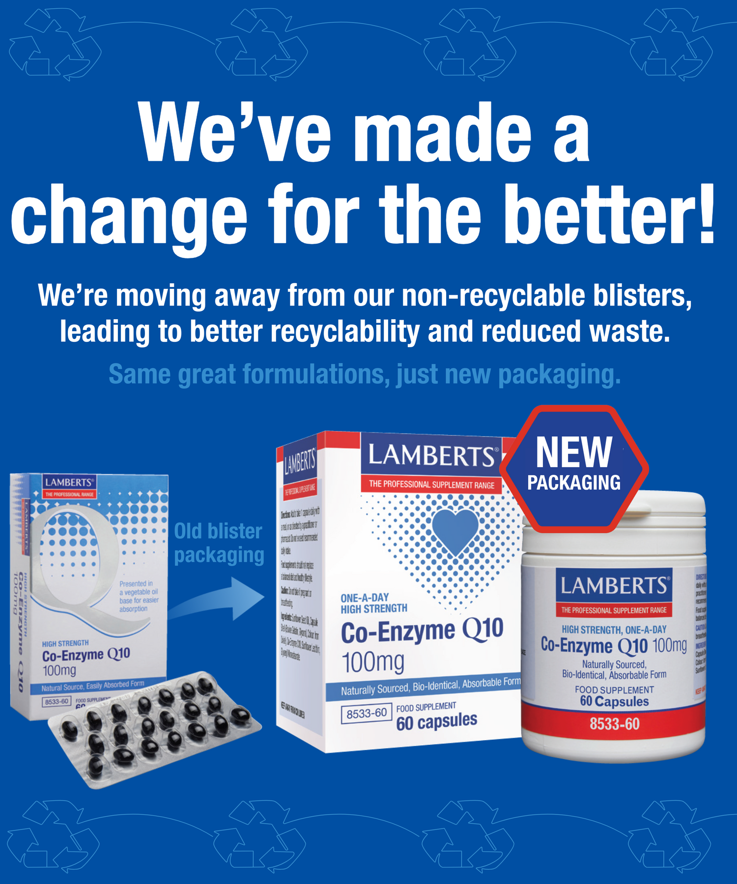 Lamberts Co-Enzyme Q10 supplement packaging with text about new recyclable packaging on a blue background.
