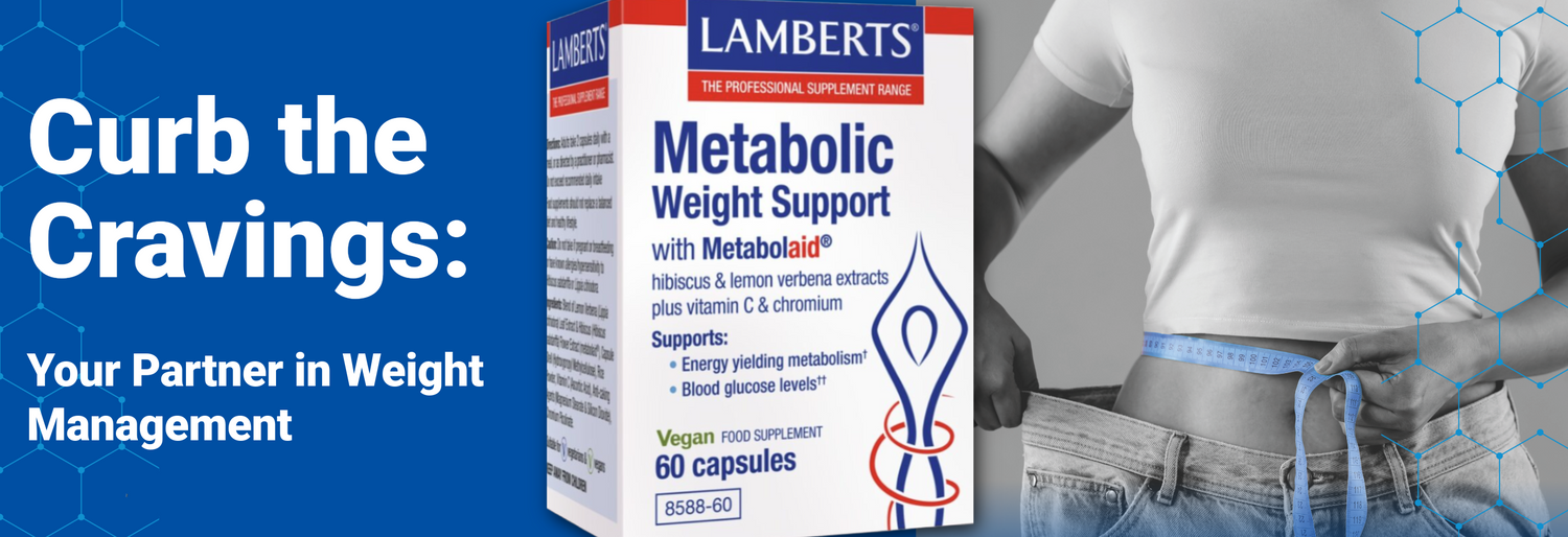 Lamberts Metabolic Weight Support supplement box with a person measuring their waist, on a blue background.