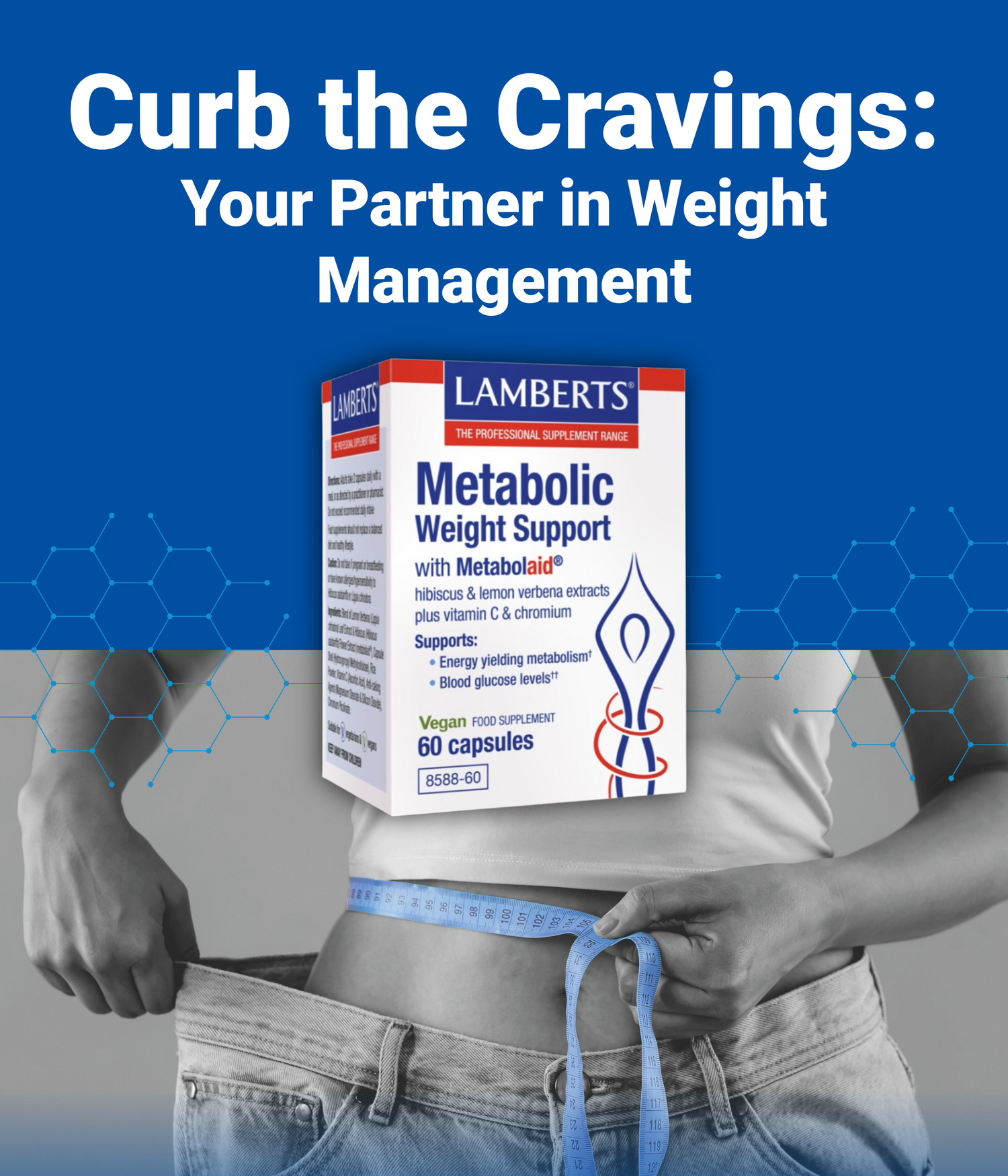 Lambert's Metabolic Weight Support supplement box with a person measuring waist on a blue and gray background.