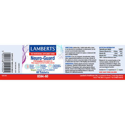 Lamberts Neuro-Guard dietary supplement label showing product details, directions, ingredients, and nutrition information for 60 tablets.