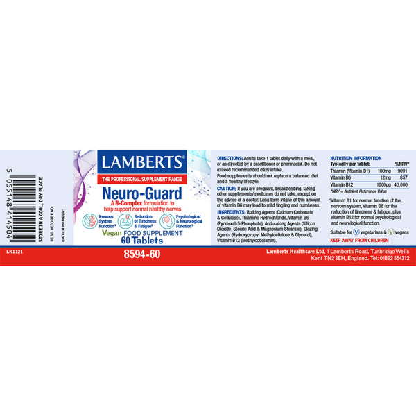 Lamberts Neuro-Guard dietary supplement label showing product details, directions, ingredients, and nutrition information for 60 tablets.