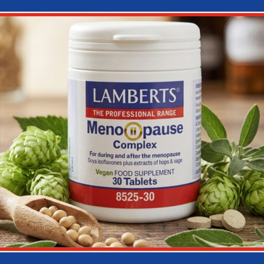 Lamberts Menopause Complex supplement container with herbs and tablets on a wooden surface
