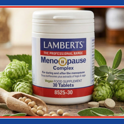 Lamberts Menopause Complex supplement container with herbs and tablets on a wooden surface