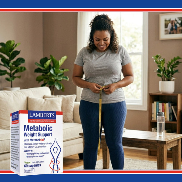 Woman measuring waist with a box of Lambert's Metabolic Weight Support in the foreground