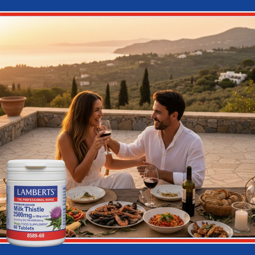 Couple enjoying a meal with a Lamberts Milk Thistle supplement container in the foreground.