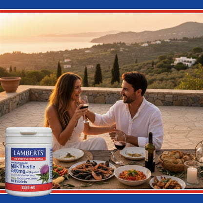 Couple enjoying a meal with a Lamberts Milk Thistle supplement container in the foreground.