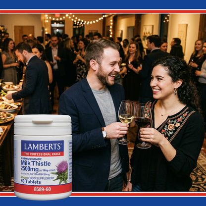 Two people at a social event with a Lamberts Milk Thistle supplement container in the foreground.