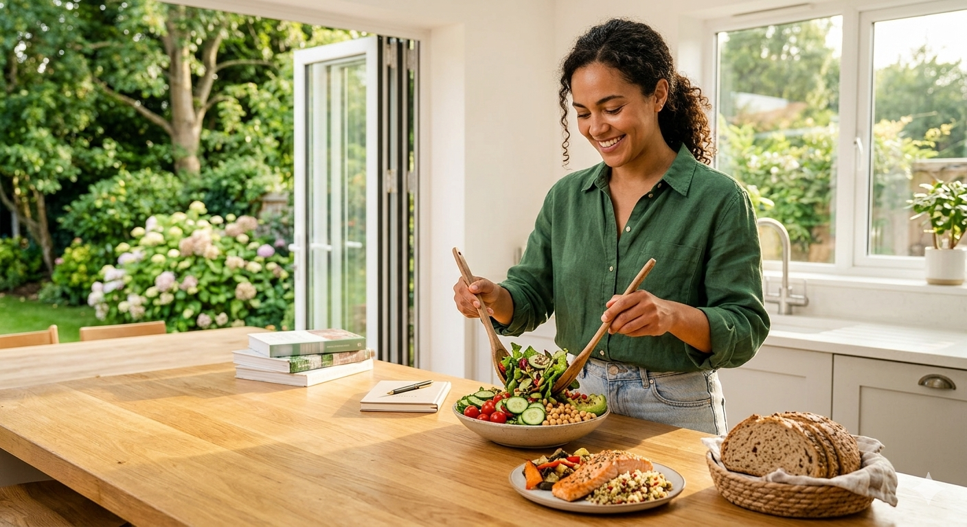 Woman preparing a salad in a kitchen with a view of greenery outside