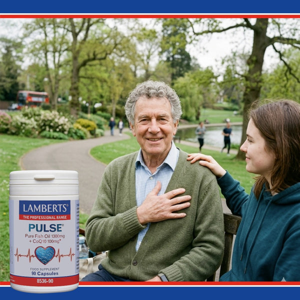 Man and woman sitting outdoors with a Lamberts Pulse supplement container.