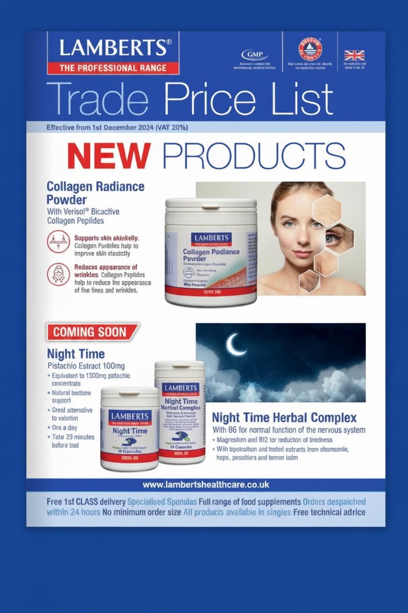 Lambert's trade price list with new product announcements for Collagen Radiance Powder and Night Time Herbal Complex.