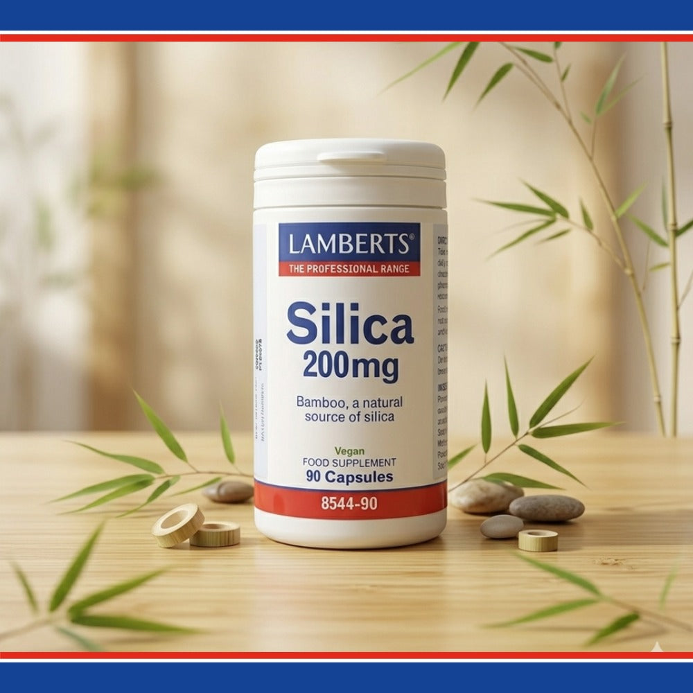 Lamberts Silica 200mg supplement container on a wooden surface with bamboo elements.