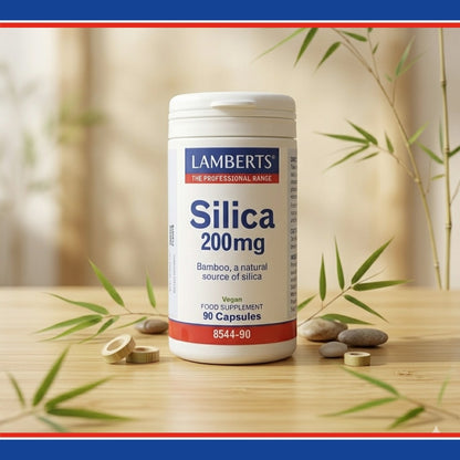 Lamberts Silica 200mg supplement container on a wooden surface with bamboo elements.