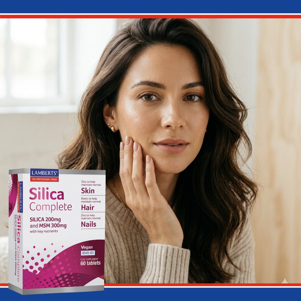 Woman with a box of Lamberts Silica Complete supplement