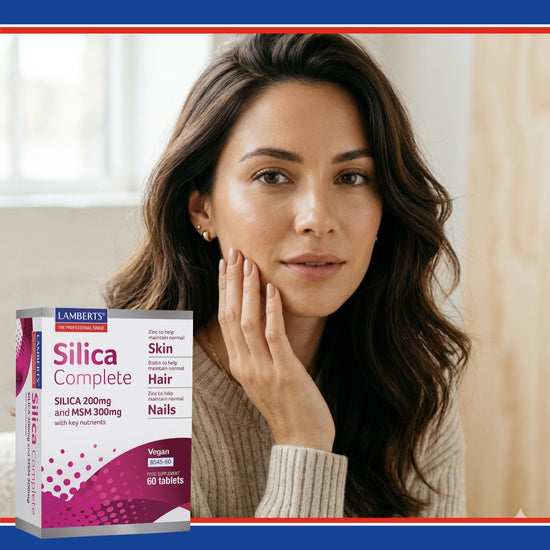 Woman with a box of Lamberts Silica Complete supplement