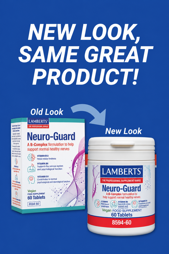 Promotional graphic for Lamberts Neuro-Guard dietary supplement showing the product packaging before and after a design update. The left side shows the old style box with teal and white graphics, and the right side shows the new style white bottle with red and teal labeling.