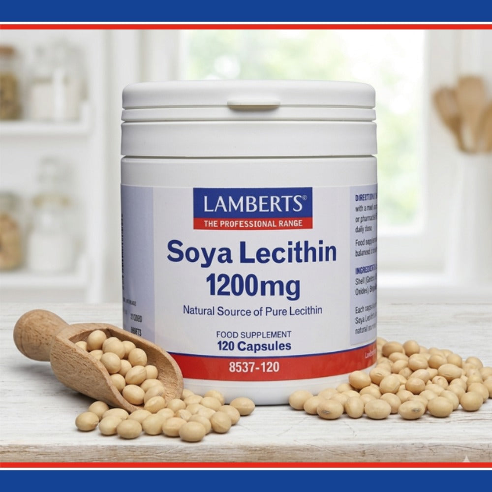 Lamberts Soya Lecithin 1200mg supplement container with soybeans on a wooden surface.