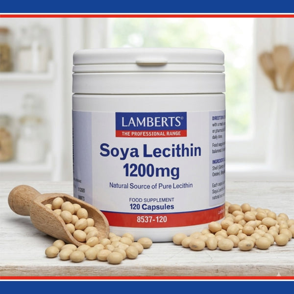 Lamberts Soya Lecithin 1200mg supplement container with soybeans on a wooden surface.