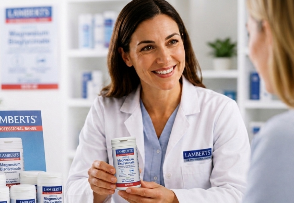 Pharmacist helping customer with Magnesium Bisglycinate products