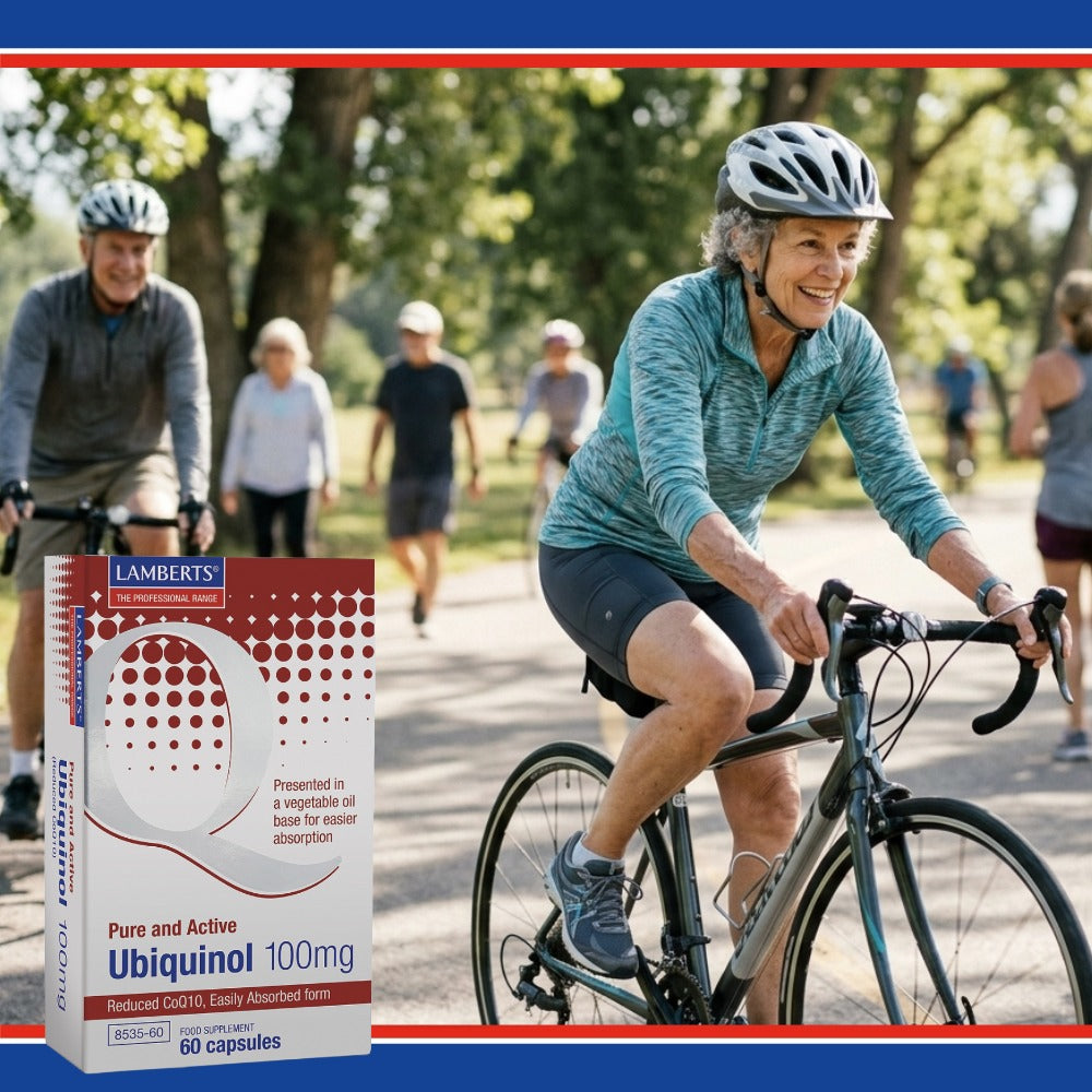 Woman riding a bike with a Lamlerts Ubiquinol supplement box in the foreground.