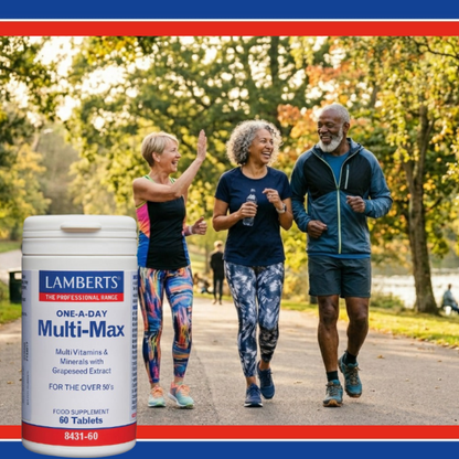 Three people running outdoors with a Lamberts One-A-Day Multi-Max supplement container in the foreground.