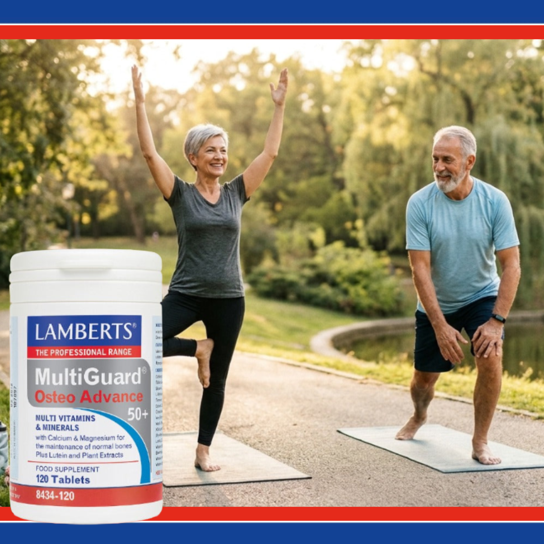 Lambert's MultiGuard Osteo Advance supplement container with a man and woman exercising outdoors.