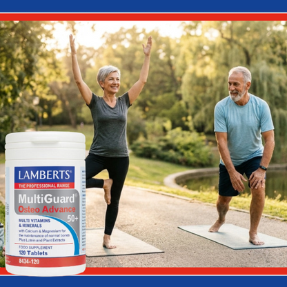 Lambert's MultiGuard Osteo Advance supplement container with a man and woman exercising outdoors.