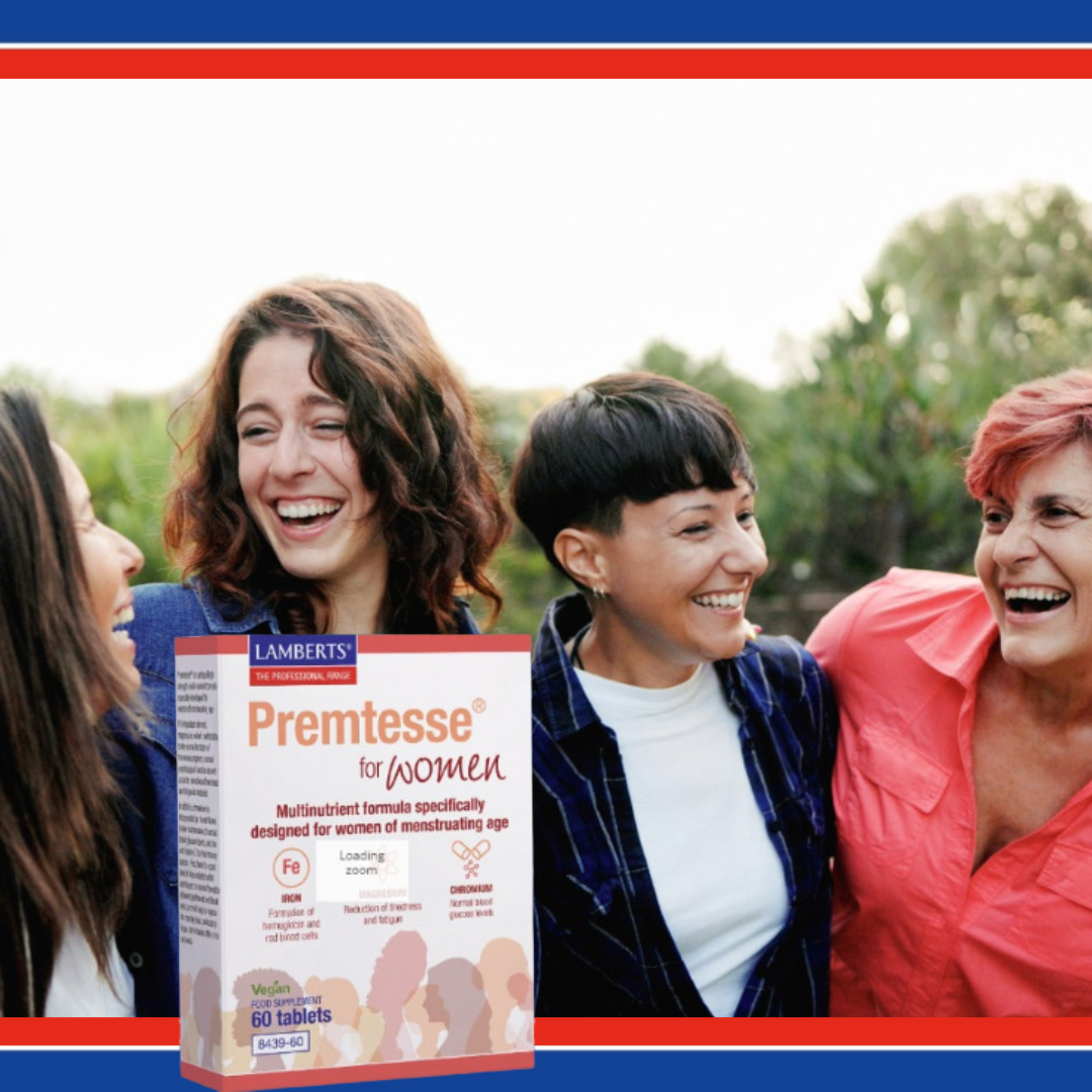 Lambert's Premtesse for Women supplement box with four women laughing outdoors.
