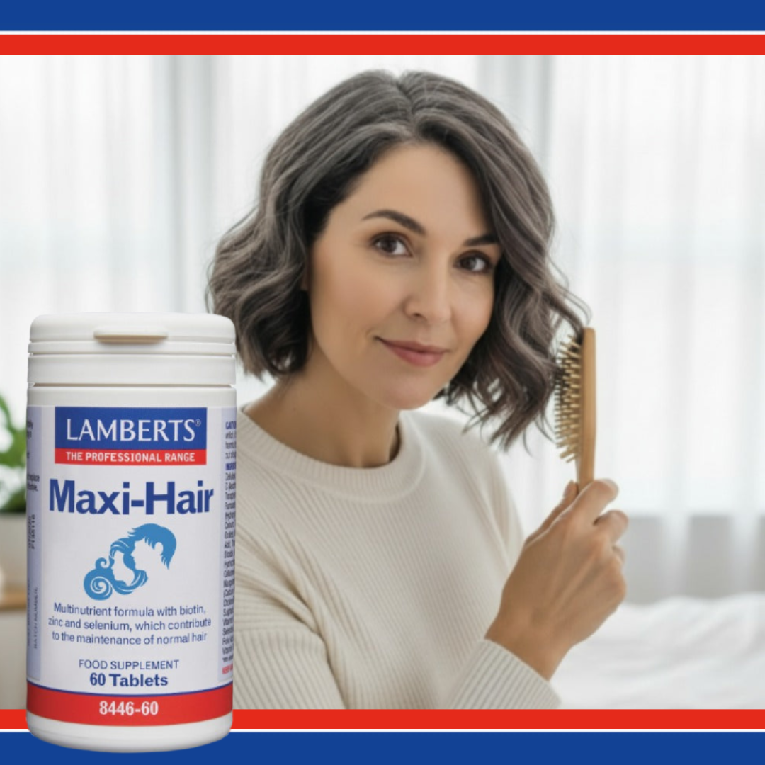 Woman with a hairbrush next to a bottle of Lamberts Maxi-Hair supplement.