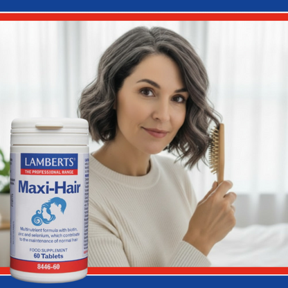 Woman with a hairbrush next to a bottle of Lamberts Maxi-Hair supplement.