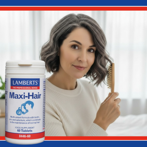 Woman with a hairbrush next to a bottle of Lamberts Maxi-Hair supplement.