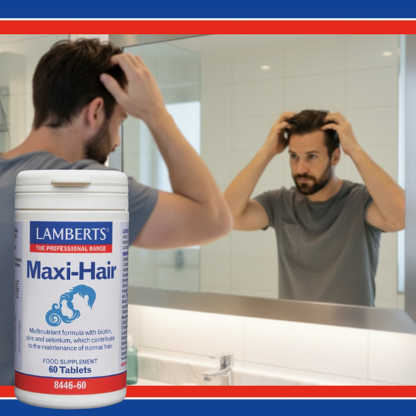 Man looking at himself in the mirror with a bottle of Lamberts Maxi-Hair supplement in front.