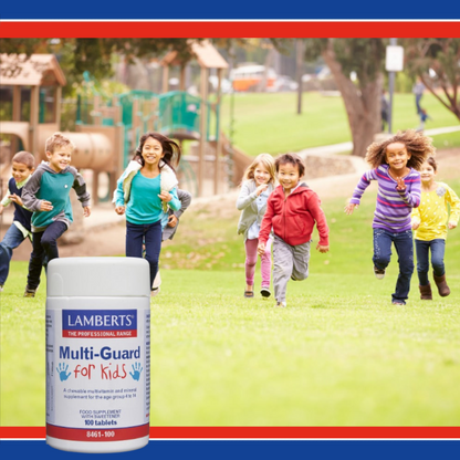 Lamberts Multi-Guard for Kids supplement container with children playing in a park.