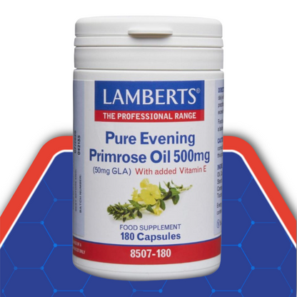 Lamberts Pure Evening Primrose Oil supplement container on a blue and red background