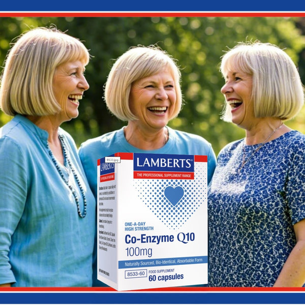 Three women laughing with a Lamberts Co-Enzyme Q10 supplement box in front of them.