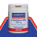 Lamberts L-Histidine HCI supplement container on a blue and red background