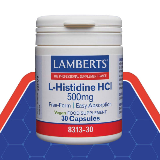 Lamberts L-Histidine HCI supplement container on a blue and red background