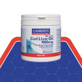 Lamberts Cod Liver Oil supplement container on a blue and red background
