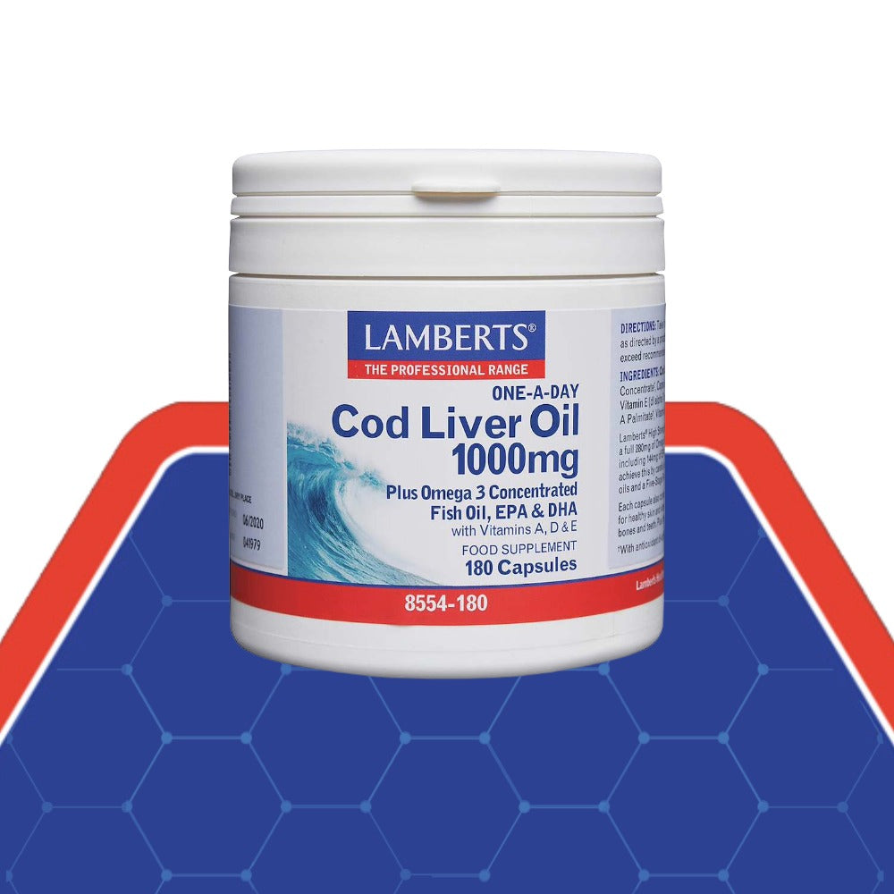 Lamberts Cod Liver Oil supplement container on a blue and red background
