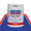 A white plastic bottle of Lamberts Neuro-Guard dietary supplement, featuring a white label with blue and red text, set against a blue and red geometric background.
