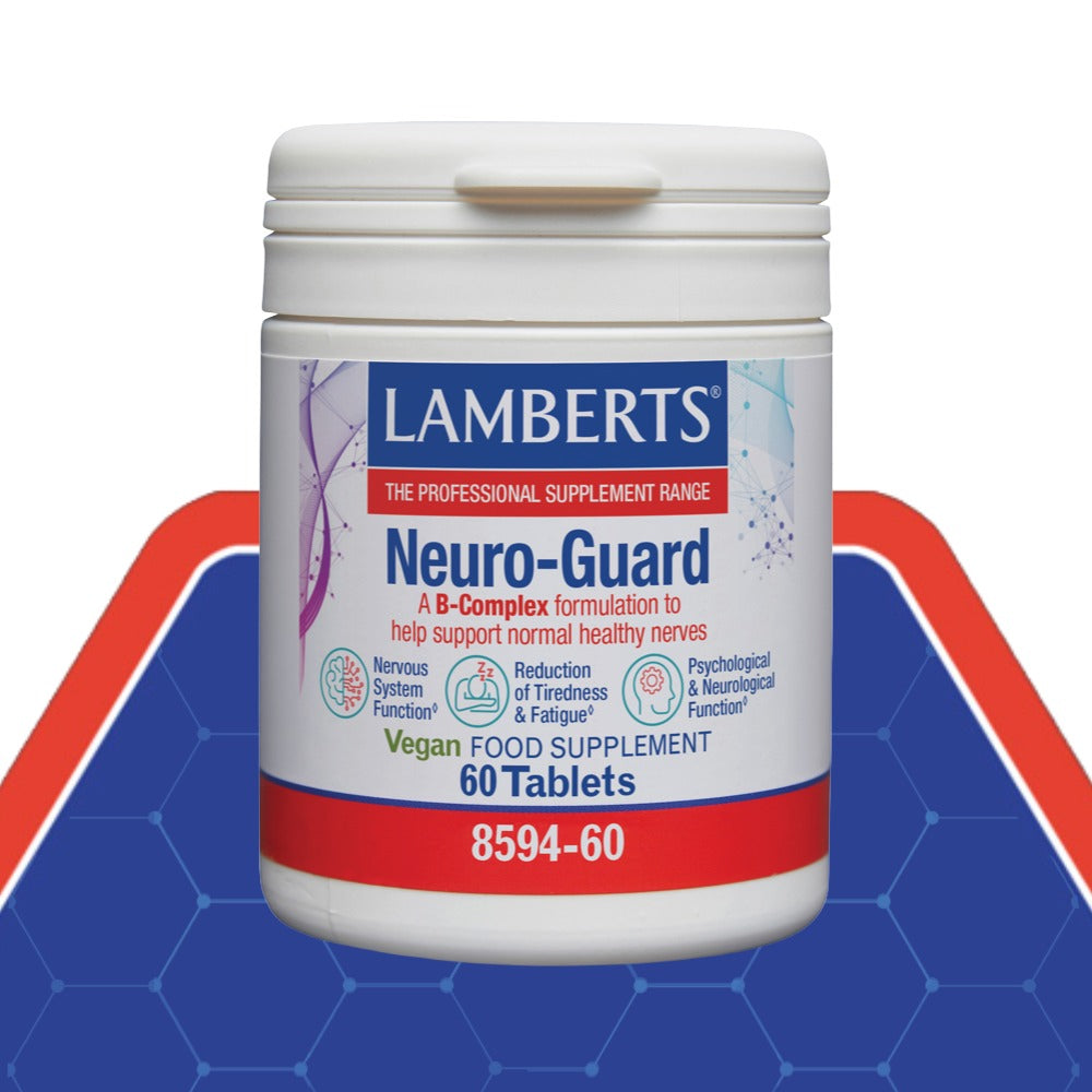A white plastic bottle of Lamberts Neuro-Guard dietary supplement, featuring a white label with blue and red text, set against a blue and red geometric background.