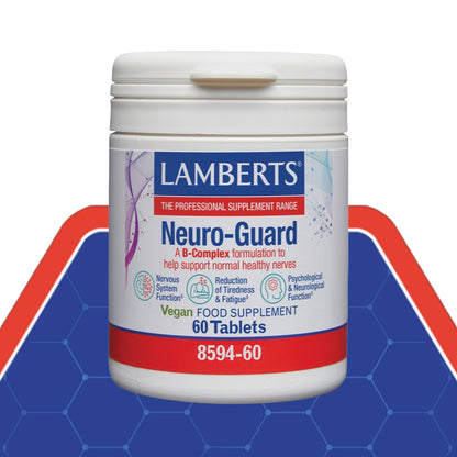 A white plastic bottle of Lamberts Neuro-Guard dietary supplement, featuring a white label with blue and red text, set against a blue and red geometric background.