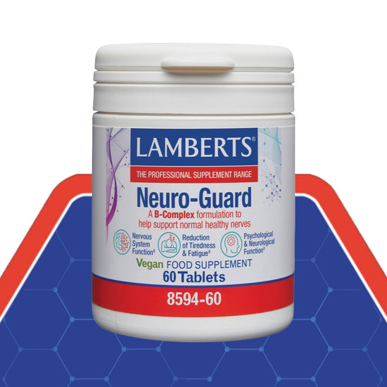 A white plastic bottle of Lamberts Neuro-Guard dietary supplement, featuring a white label with blue and red text, set against a blue and red geometric background.