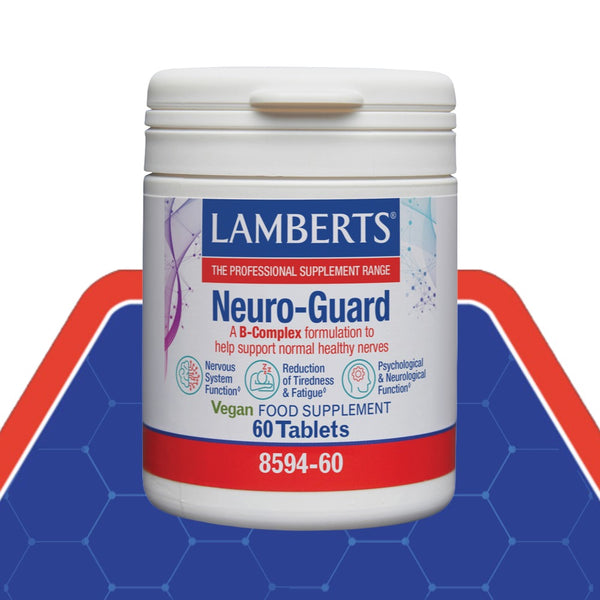 A white plastic bottle of Lamberts Neuro-Guard dietary supplement, featuring a white label with blue and red text, set against a blue and red geometric background.