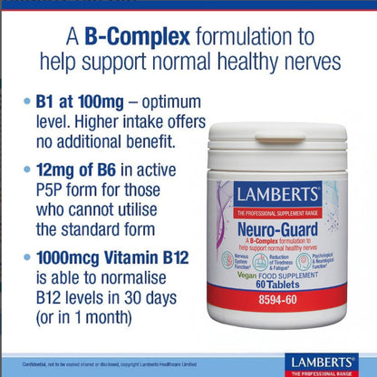 A B-Complex supplement bottle labeled Lamberts Neuro-Guard, shown on a white informational graphic with blue text highlighting B1, B6, and Vitamin B12 benefits.