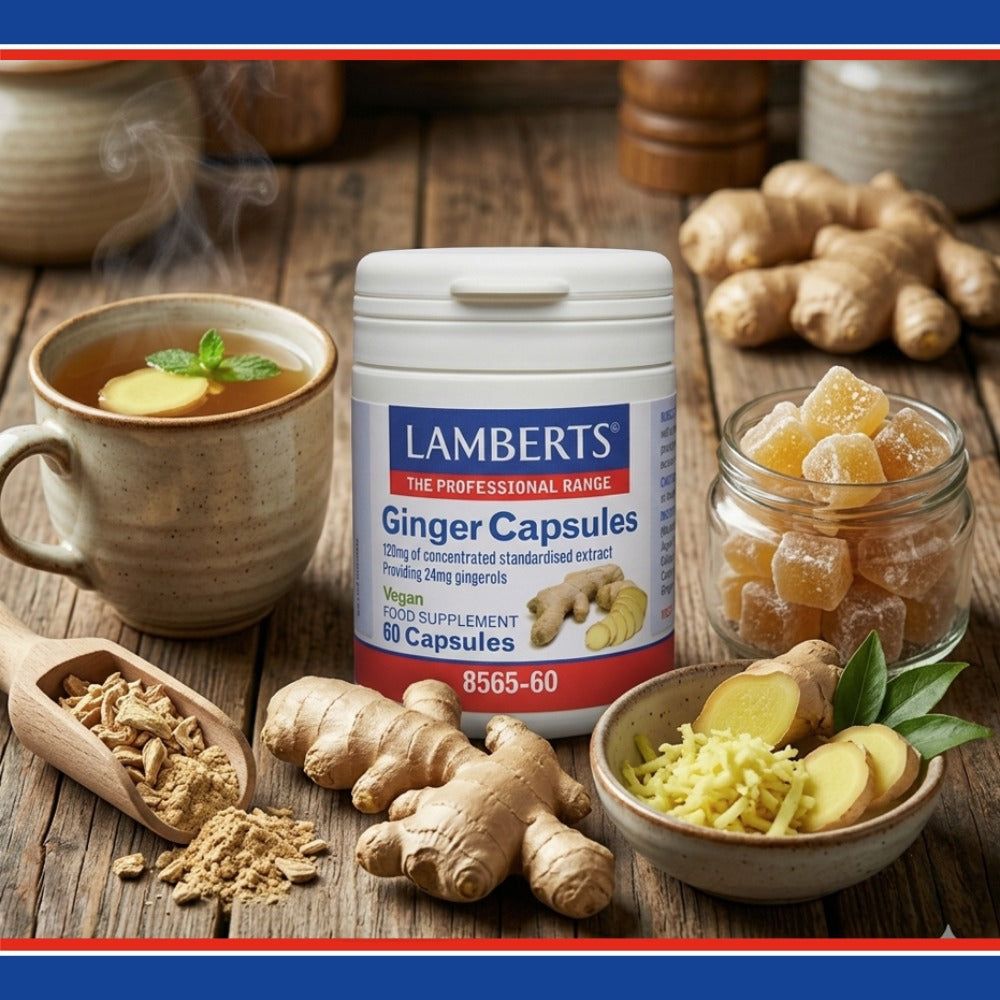Lamberts Ginger Capsules with ginger root, powder on a wooden surface.