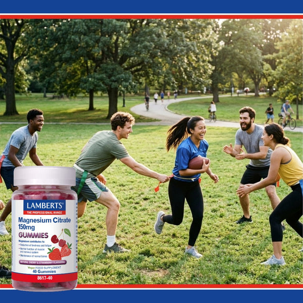 Lambert's magnesium citrate gummies with people playing football in a park